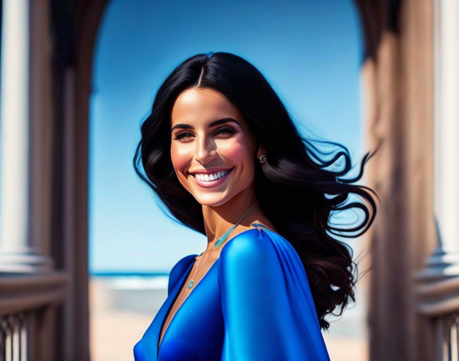 Smiling woman with long dark hair in blue top at beach backdrop