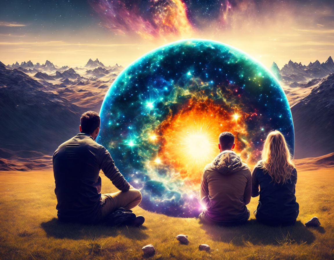 Three people on grassy hill looking at vibrant cosmic orb in sky above mountains