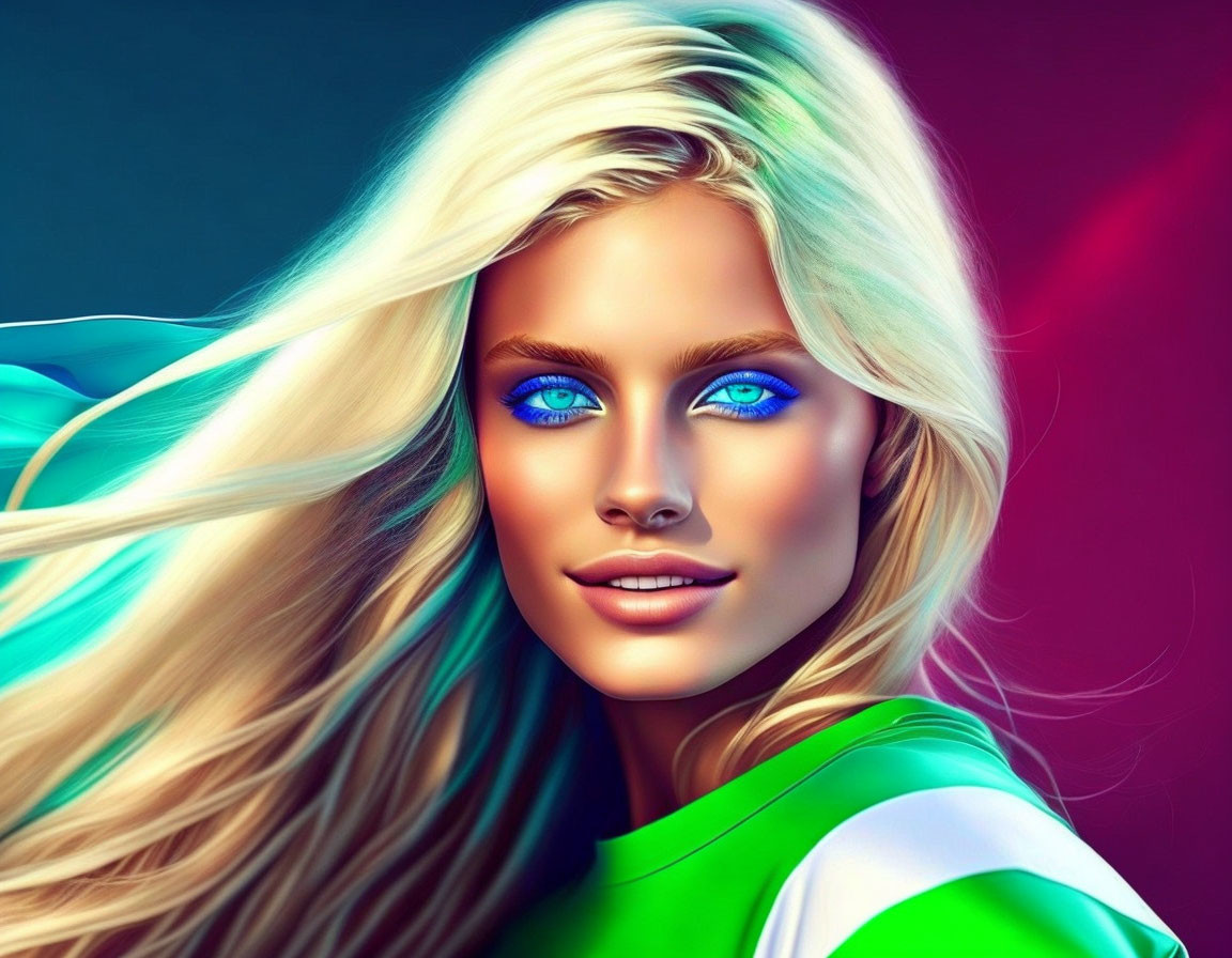 Digital artwork of woman with blue eyes, blonde hair, green top, on blue and red gradient.