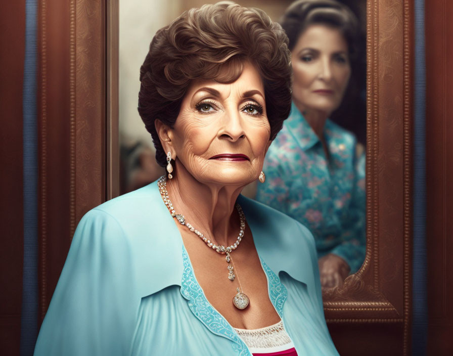 Elderly woman in blue blouse and pearl necklace reflected in mirror