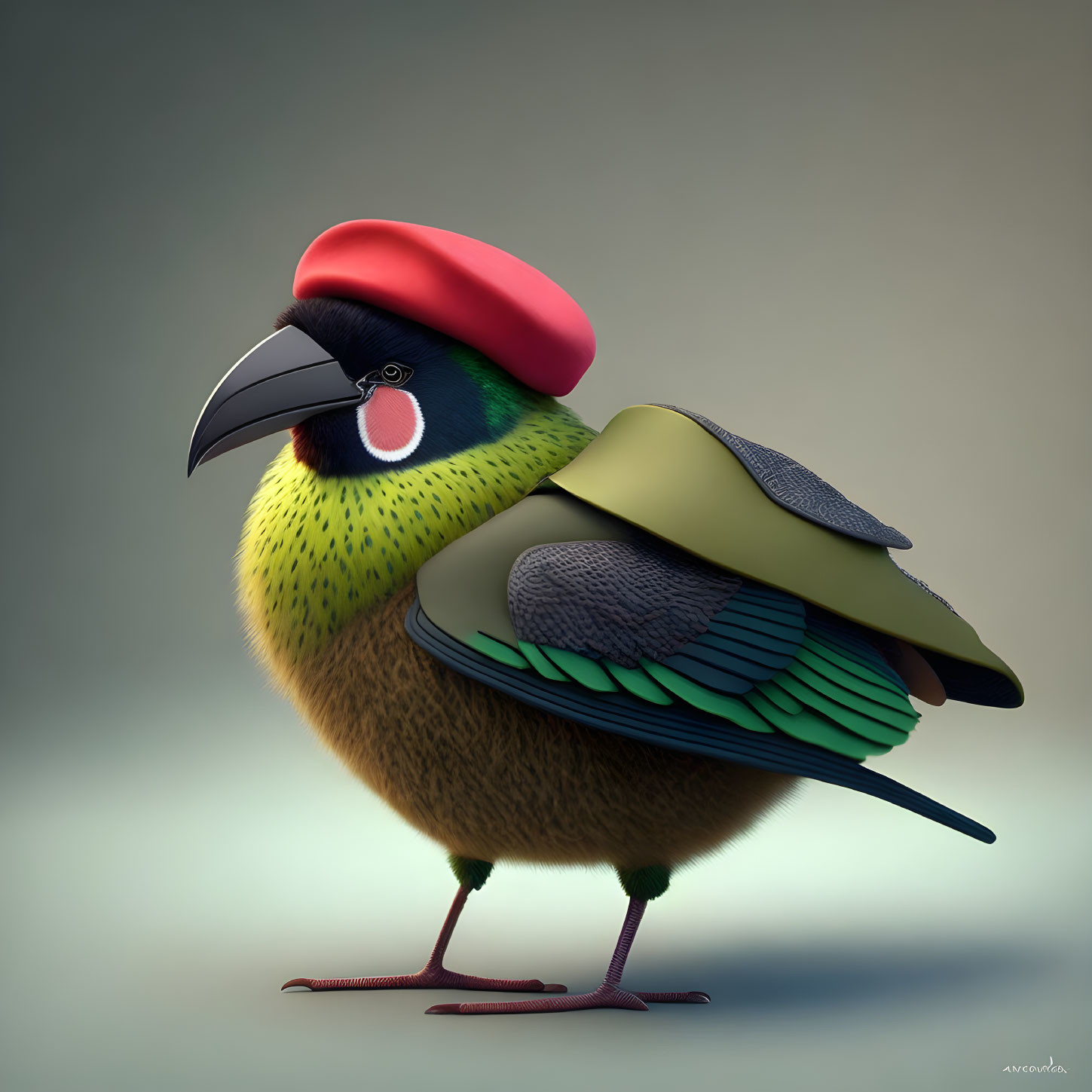 Colorful bird illustration with red cap and green wing on gray background