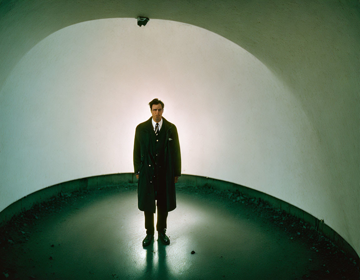 Dark-coated man stands in dimly lit room with long shadow