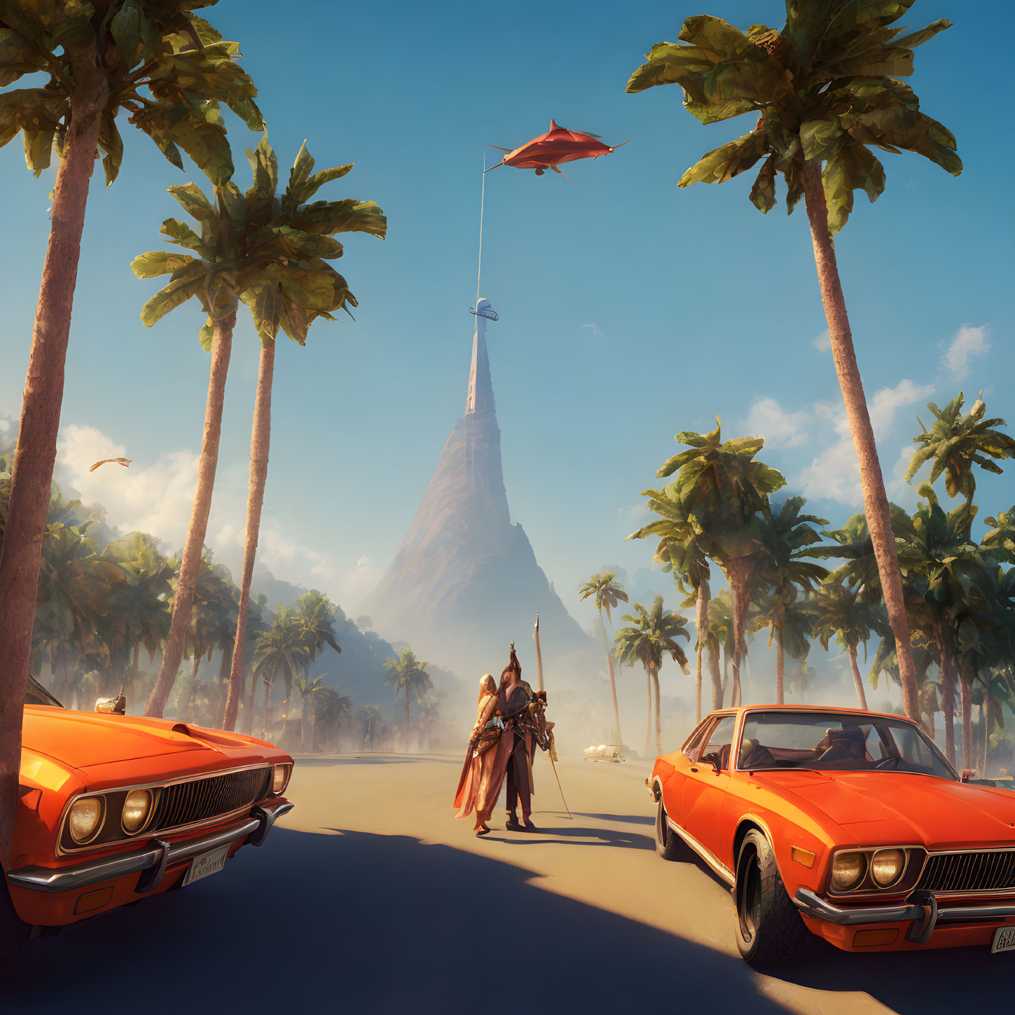 Futuristic suit figure on sandy road with retro cars and floating structure