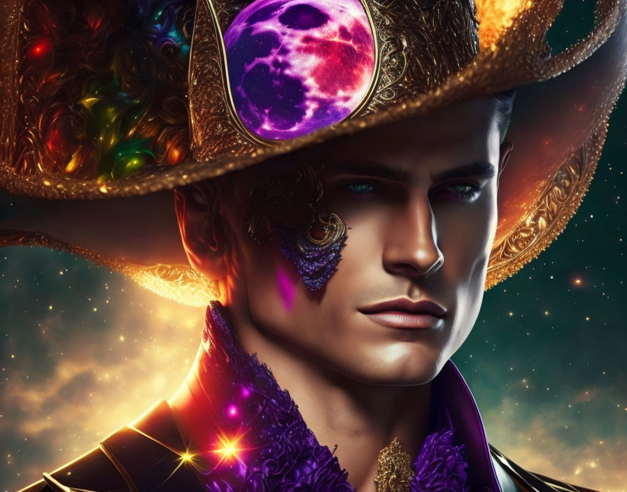 Cosmic-themed digital art portrait with galaxy makeup and celestial adornments