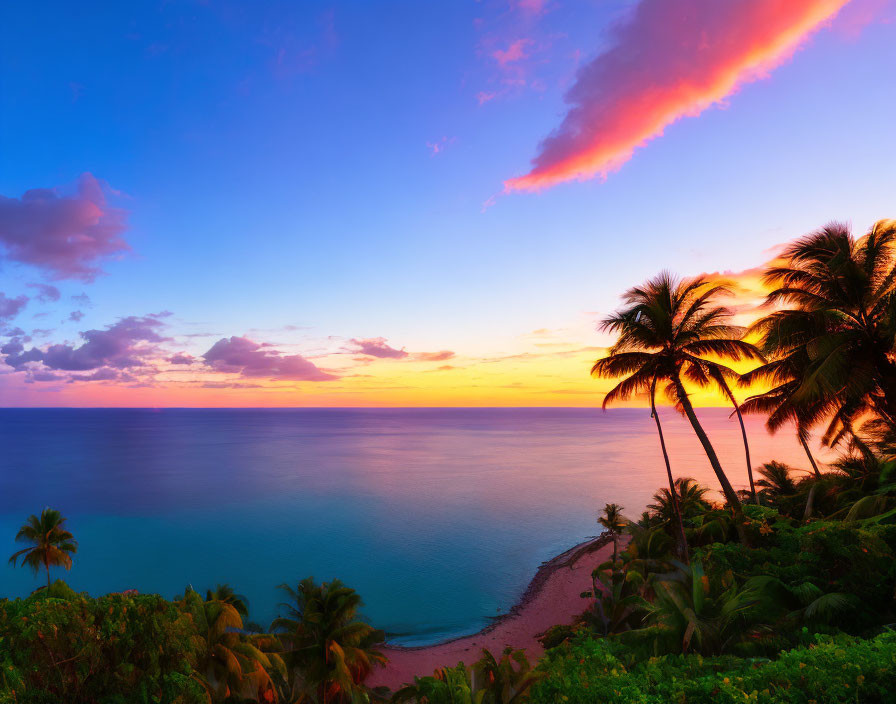 Vibrant Sunset Scene: Tropical Beach, Palm Trees, Calm Ocean