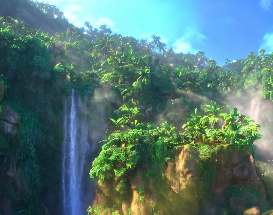 Cliff waterfall surrounded by lush greenery