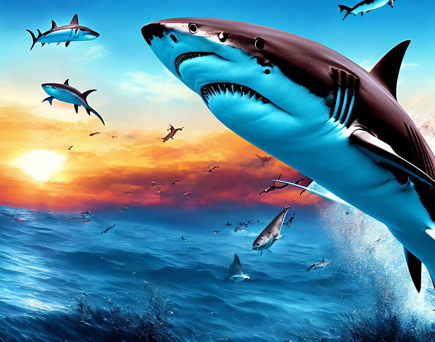 Colorful Underwater Scene with Sharks and Birds in Sunset Sky