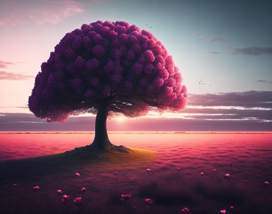 Majestic tree with vibrant pink foliage in vast field at sunset