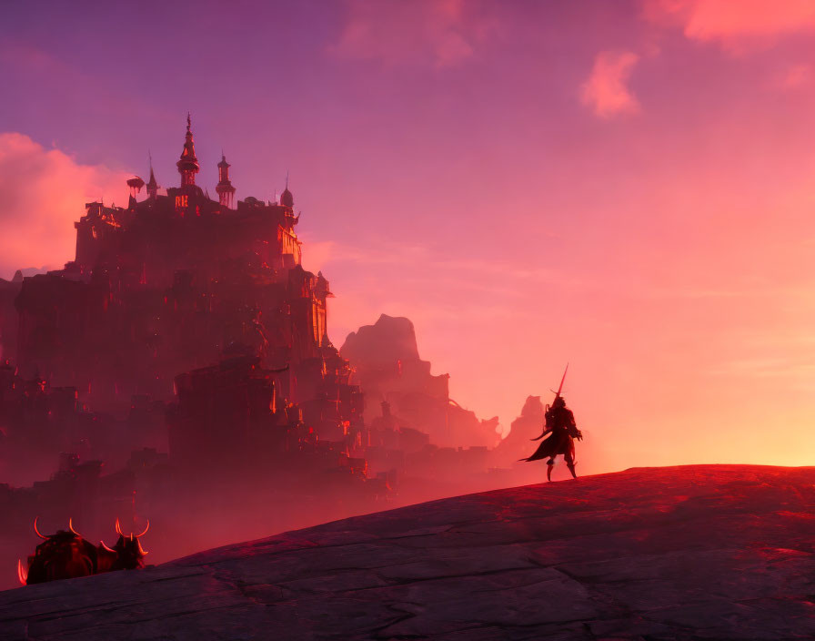 Knight silhouette in front of majestic castle at purple sunset