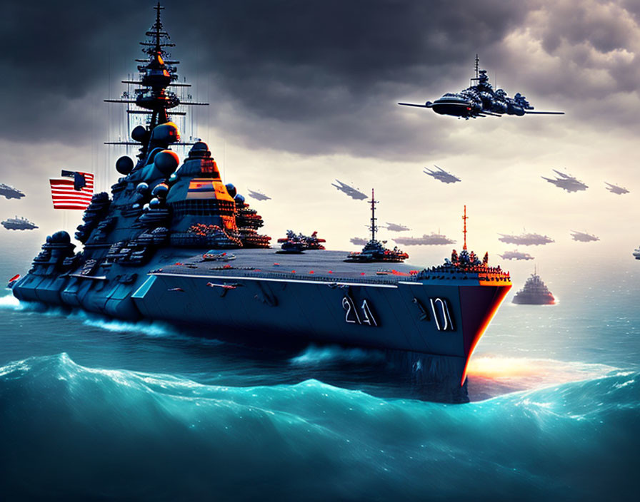 Futuristic warships with advanced armaments on stormy sea