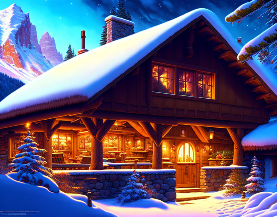 Snow-covered cottage glowing with warm lights in twilight landscape