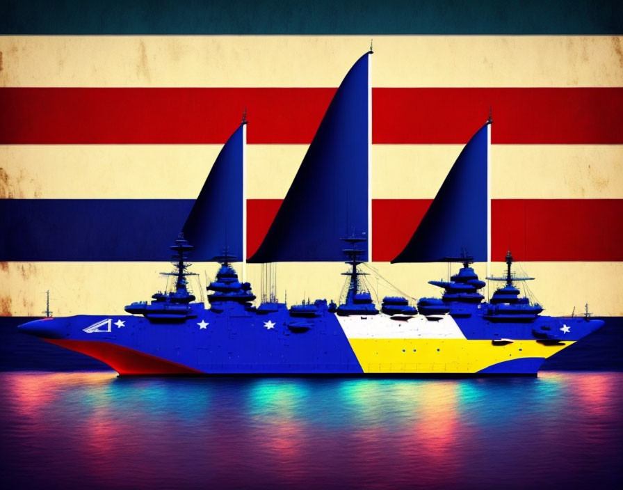 Digital artwork: Battleships with American flag on water.