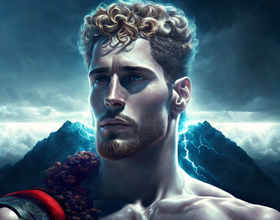 Mythical figure in digital art with stormy background