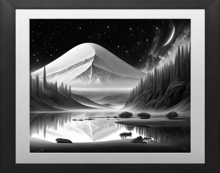 Snowy Mountain Landscape with Reflective Lake and Starry Sky