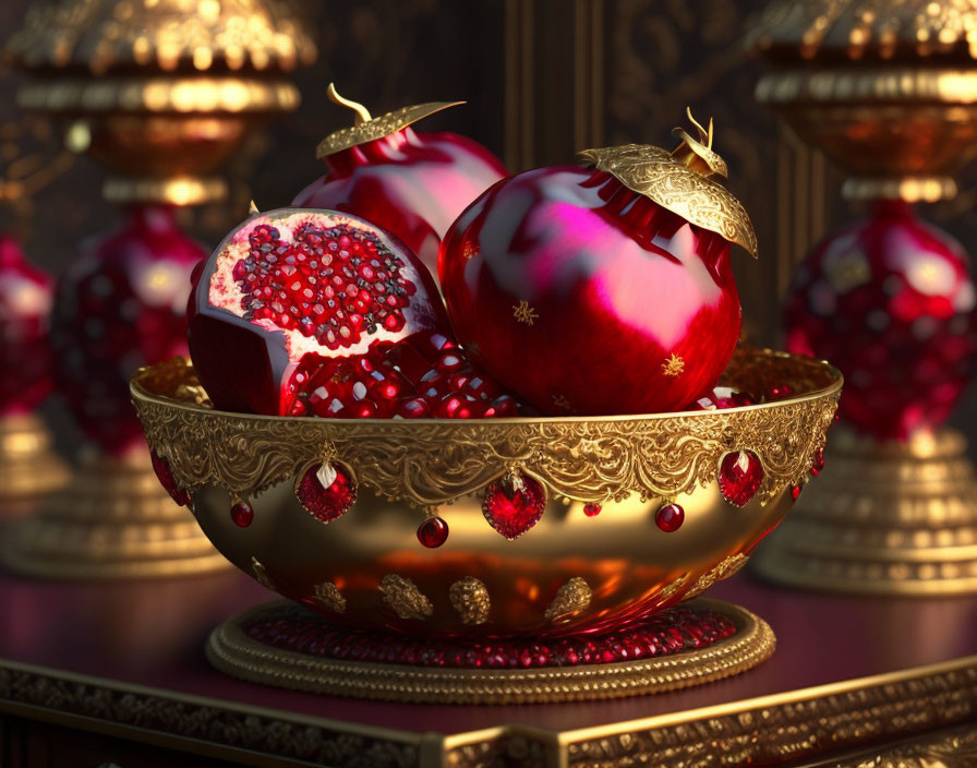 Luxurious gold and jewel-adorned bowl with ornate pomegranates in opulent royal