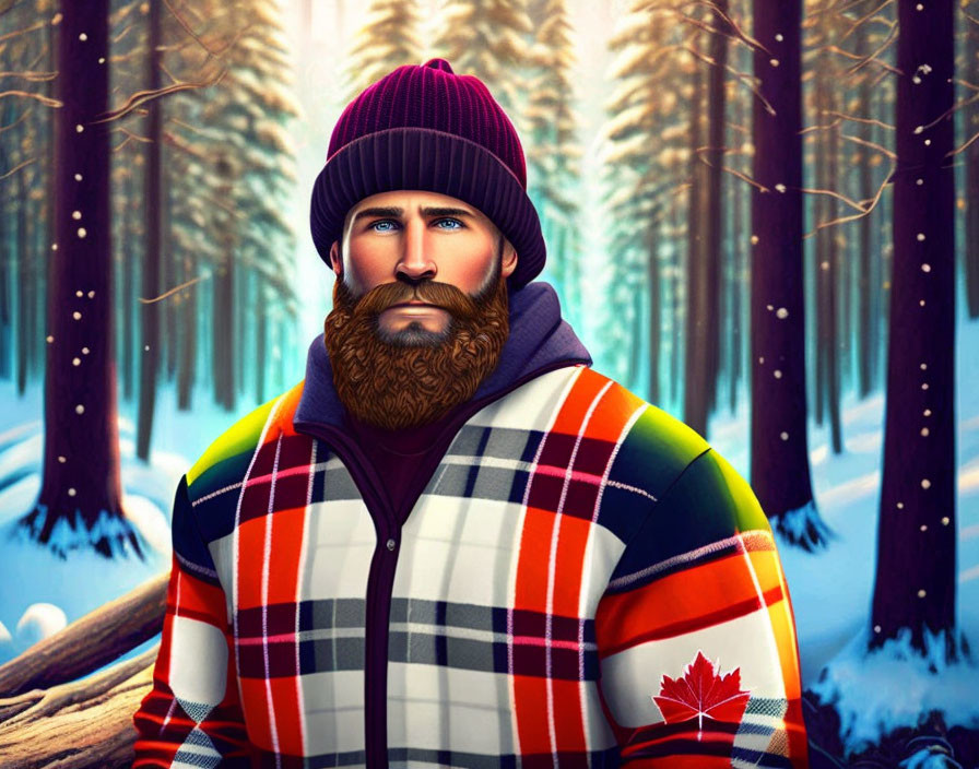 Colorful Jacket Bearded Man in Snowy Woods with Maple Leaf