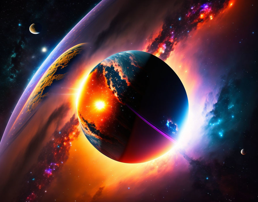 Colorful cosmic scene with vibrant planet and fiery sunburst against starry space backdrop