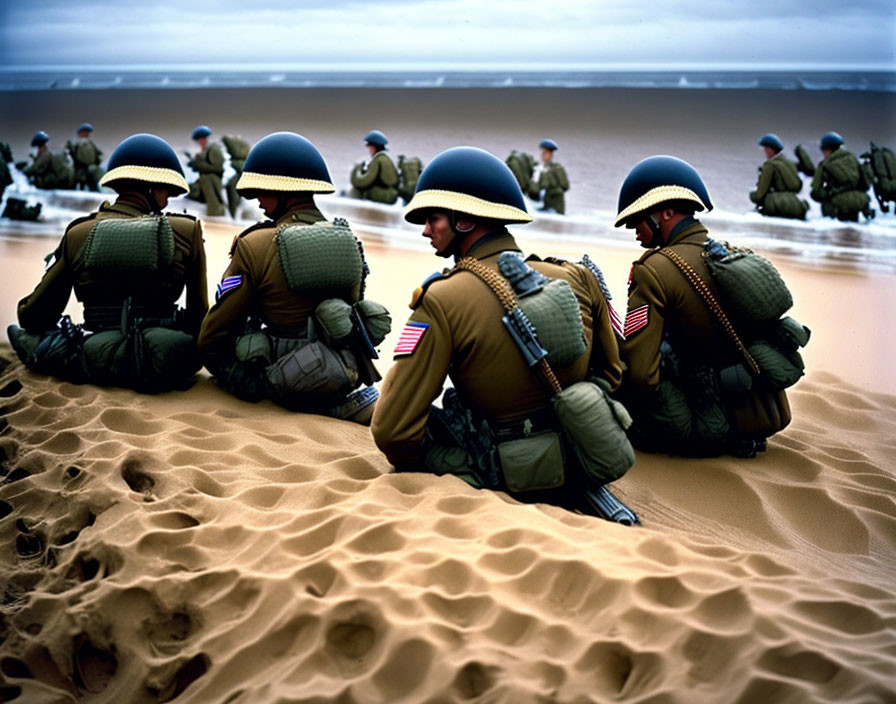 Vintage soldiers in American flag gear on sandy beach in historical scene