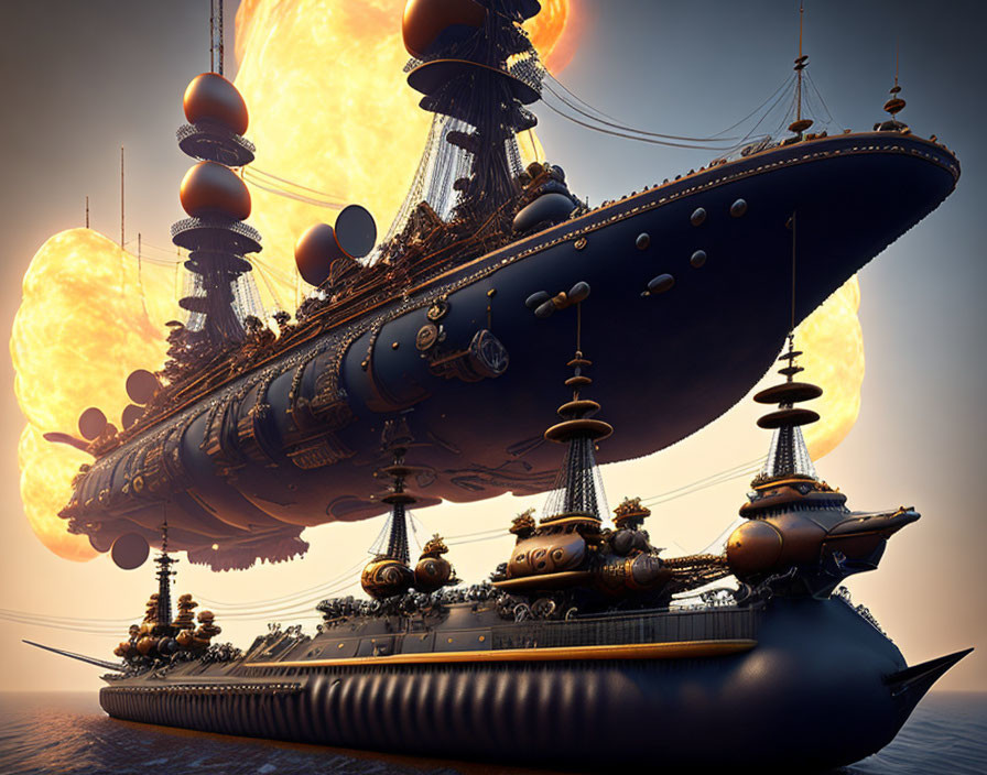 Steampunk airship with buoyant orbs and sunset scenery