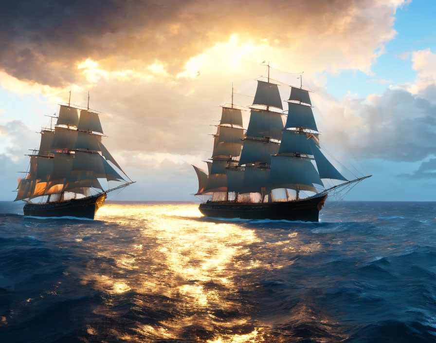 Majestic sailing ships with full sails on open sea at sunset