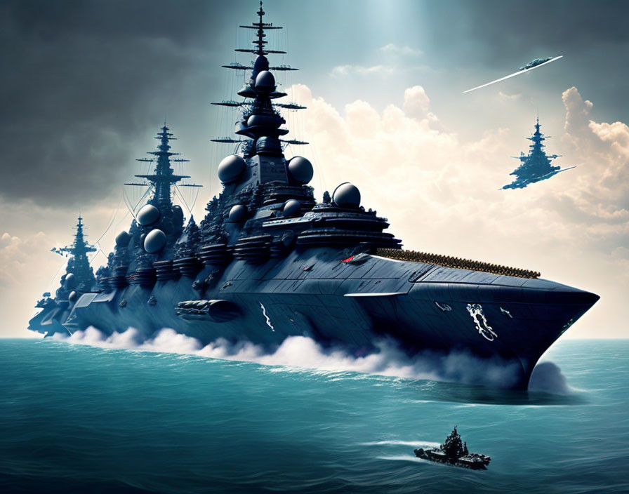 Advanced futuristic battleships in stormy sea battle