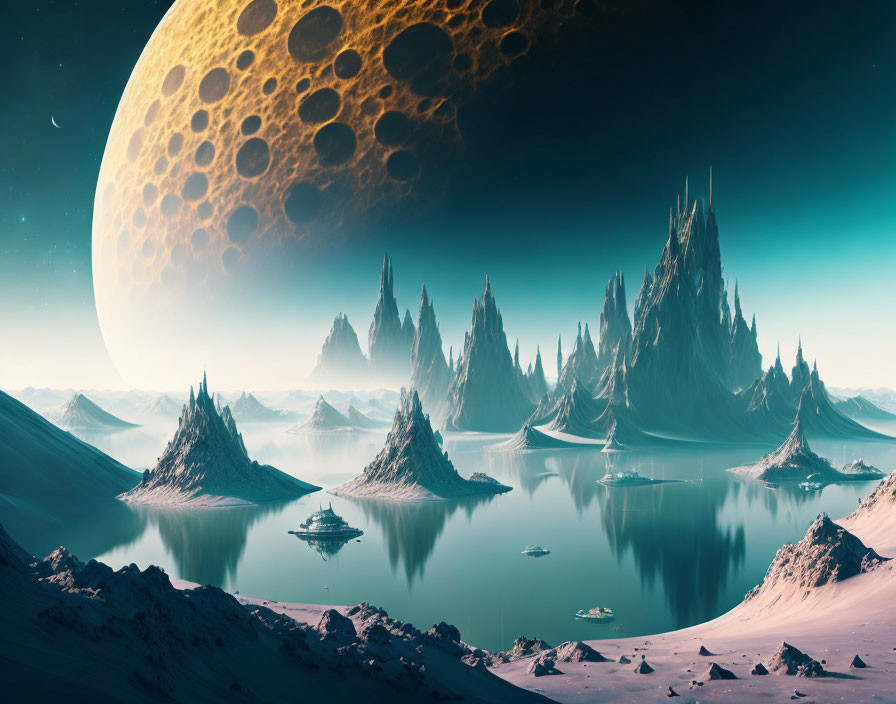 Serene sci-fi landscape with spiky mountains, tranquil lake, spacecraft, and massive moon