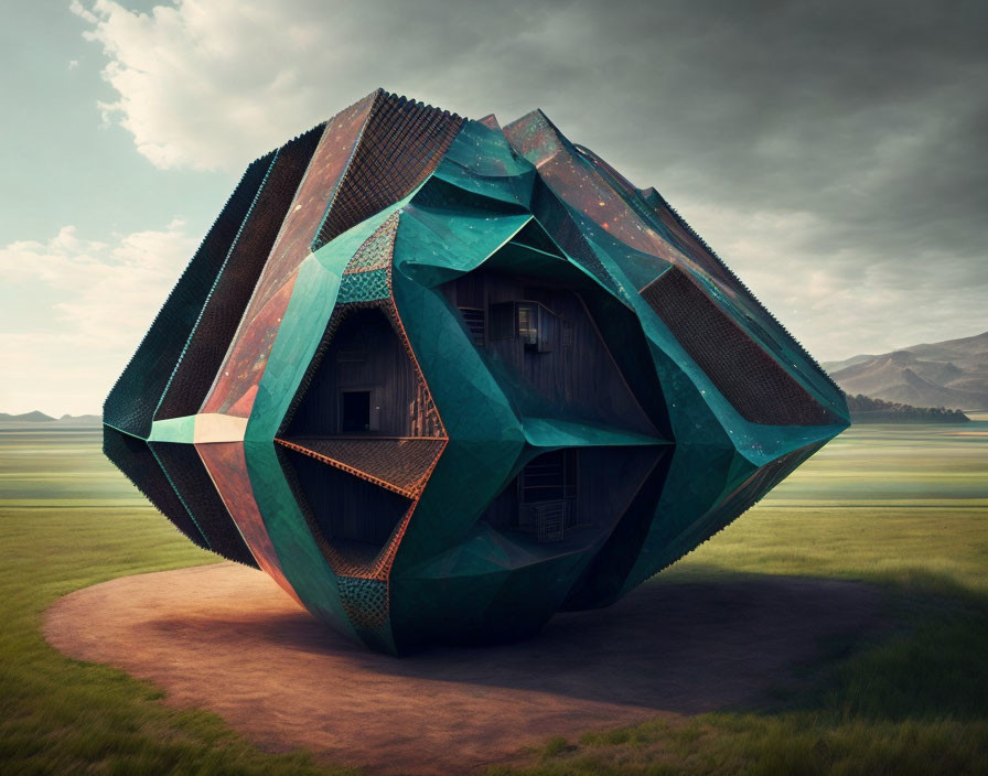 Metallic dodecahedron structure in open field under clear sky