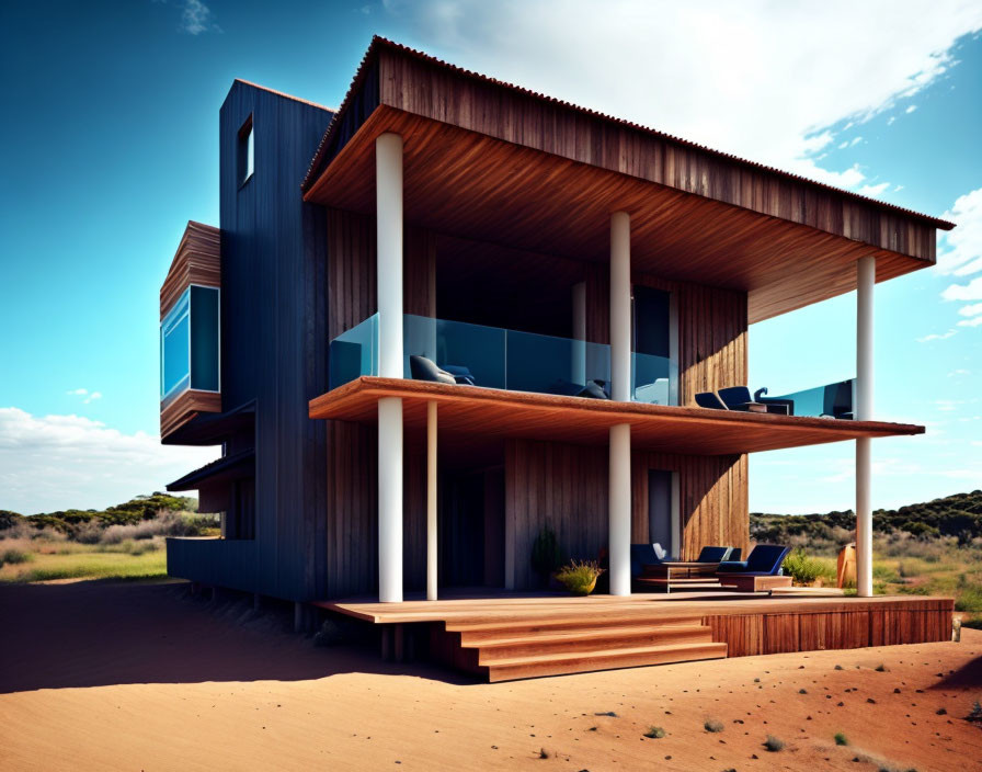 Modern Two-Story House with Wooden Facade and Blue Accents in Sandy Landscape