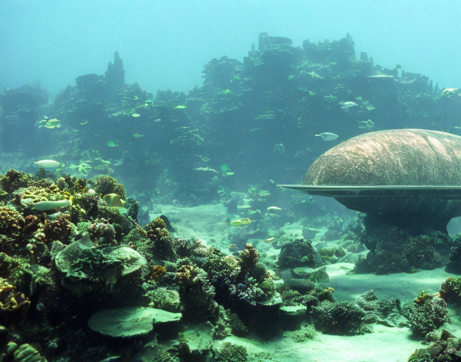 Futuristic submarine near coral formations with sunken ruin in background