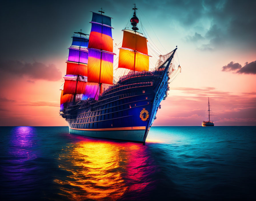 Colorful Tall Ship Sailing at Sunset with Illuminated Sails