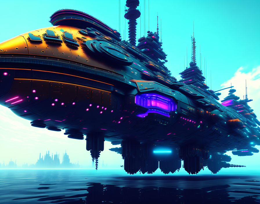 Futuristic spaceship with illuminated windows over city skyline at twilight