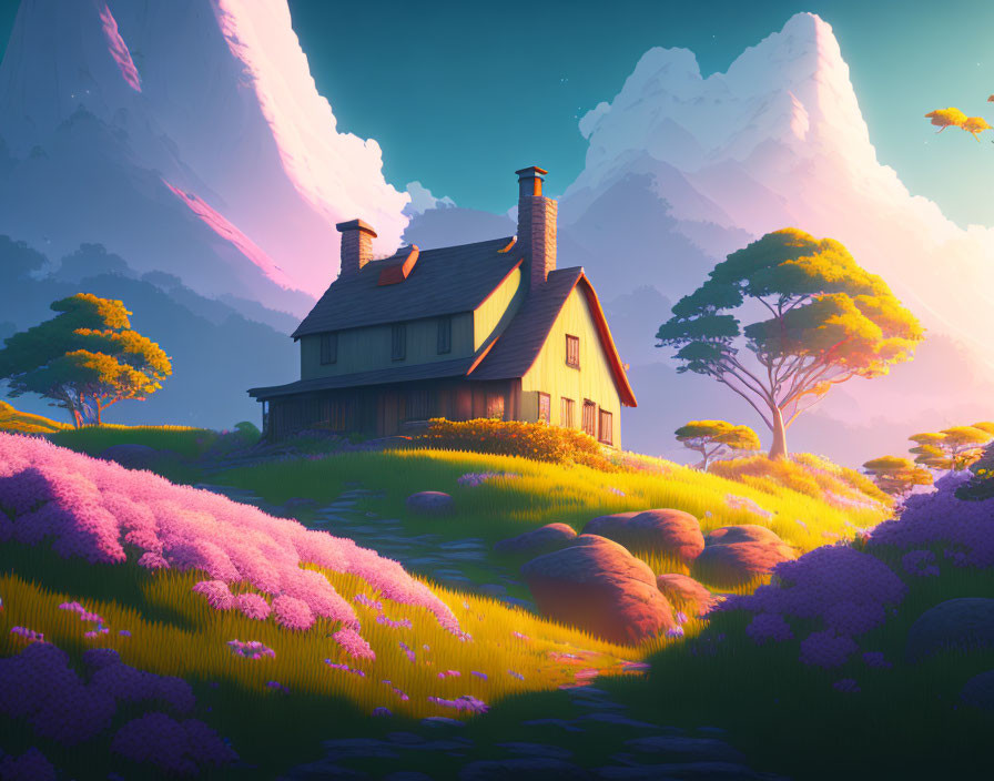 Tranquil fantasy landscape with cozy house, lush fields, purple flora, pastel sky, mountains