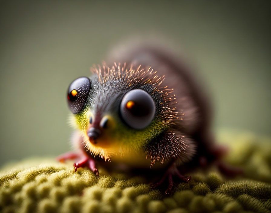 Fluffy creature with gleaming eyes and spiky fur on textured surface