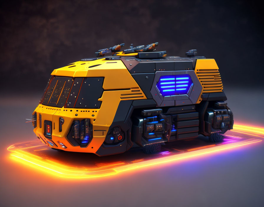 Futuristic armored vehicle with neon accents on reflective surface