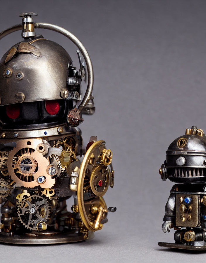 Intricate Steampunk Robot Figurines with Bell Helmet & Dome Head