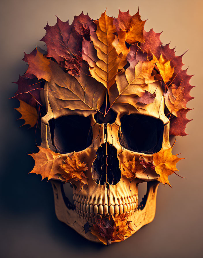 Skull with Autumn Leaves Crown in Red, Orange, Yellow