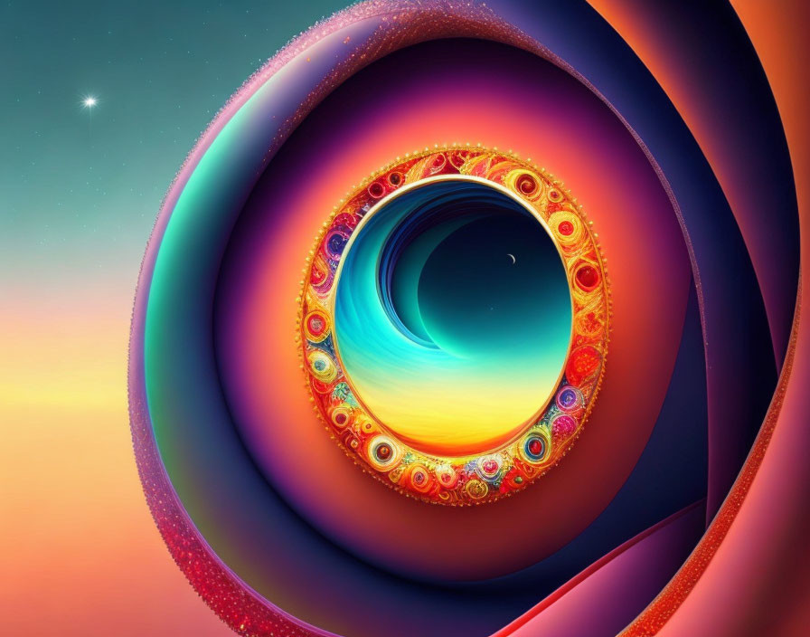 Abstract Spiral Tunnel with Sunset Gradient and Jewel-like Patterns