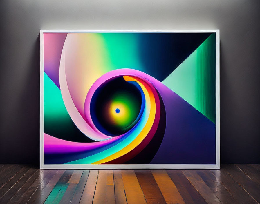 Colorful Abstract Art in Spiral Formation on White Frame Displayed Against Gray Wall