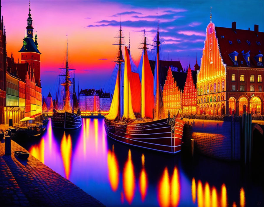 Vibrant sunset scene over historic canal with sailboats and reflections