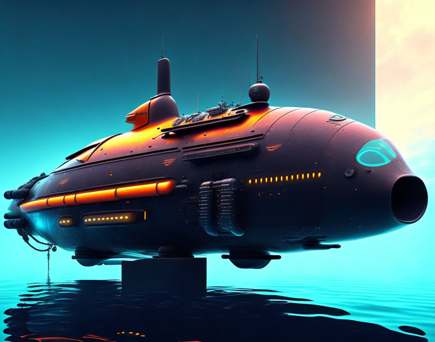 Futuristic submarine with illuminated portholes and orange accents emerging from water