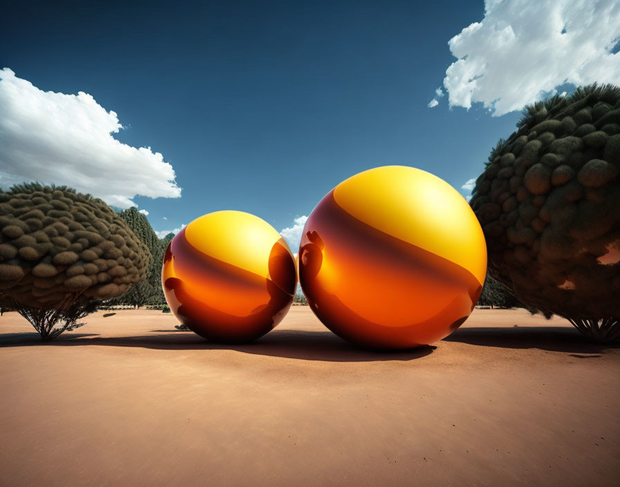 Surreal landscape with oversized orange spheres and green trees