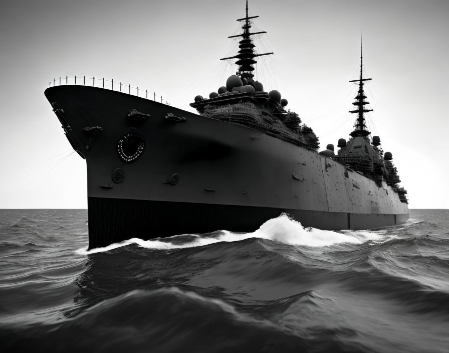 Dramatic grayscale image of large battleship on choppy ocean