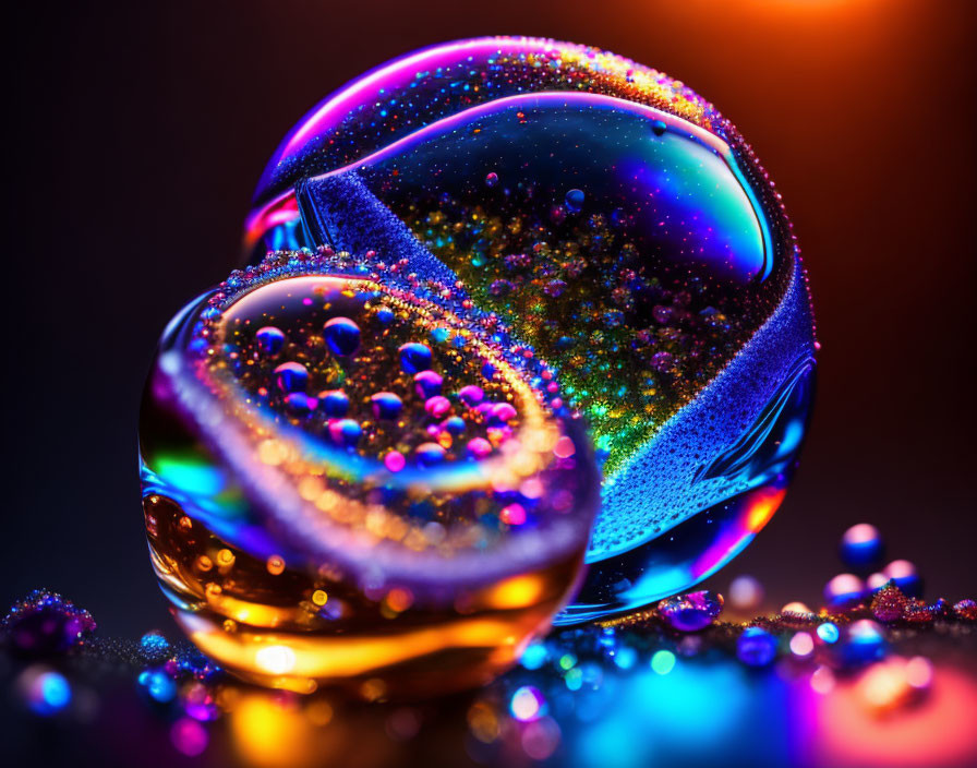 Colorful bubbles in glass spheres on reflective surface under blue and orange lights