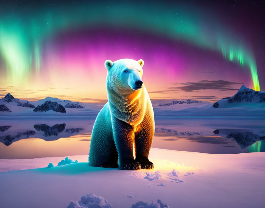 Polar bear in snow with aurora borealis lights at twilight