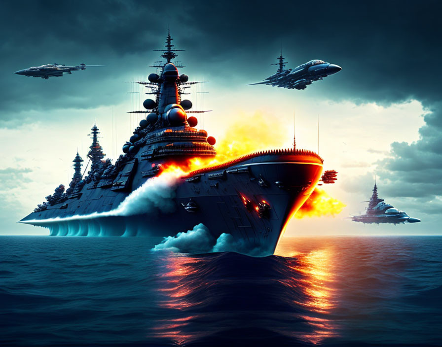 Sci-fi naval warfare scene with futuristic battleships and aircraft at sunset