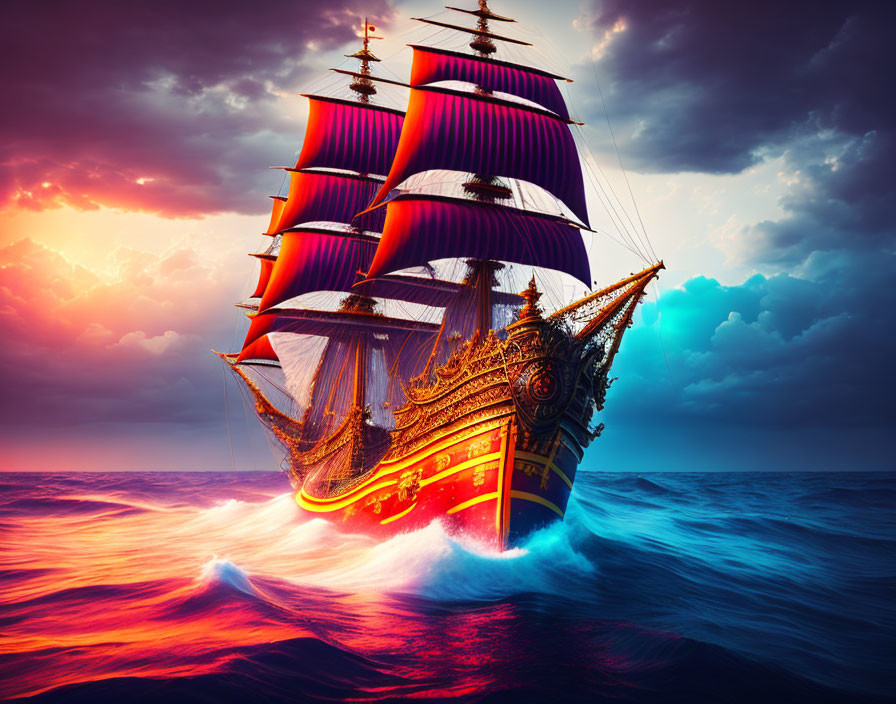 Majestic ship with red sails sailing on vibrant blue waves at sunset