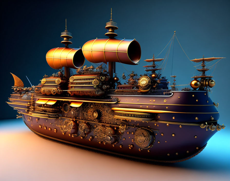 Detailed 3D steampunk submarine on gradient backdrop