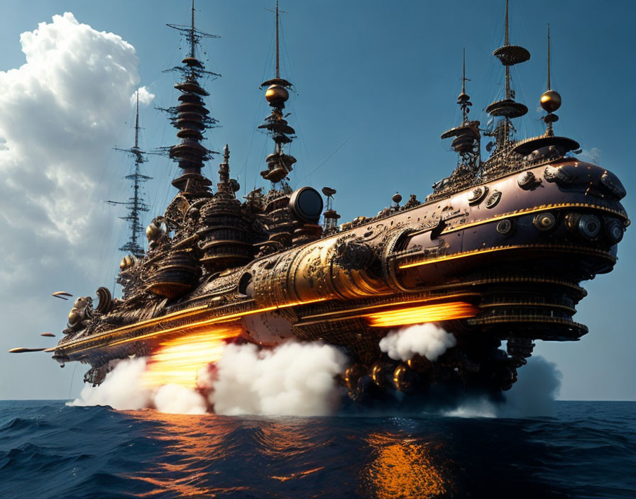 Detailed Steampunk-Inspired Ship Gliding Over Ocean