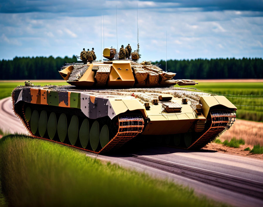 Modern Battle Tank Camouflaged in Green Landscape