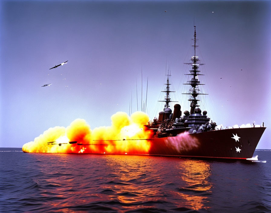 Battleship firing guns at sea with aircraft in blue sky